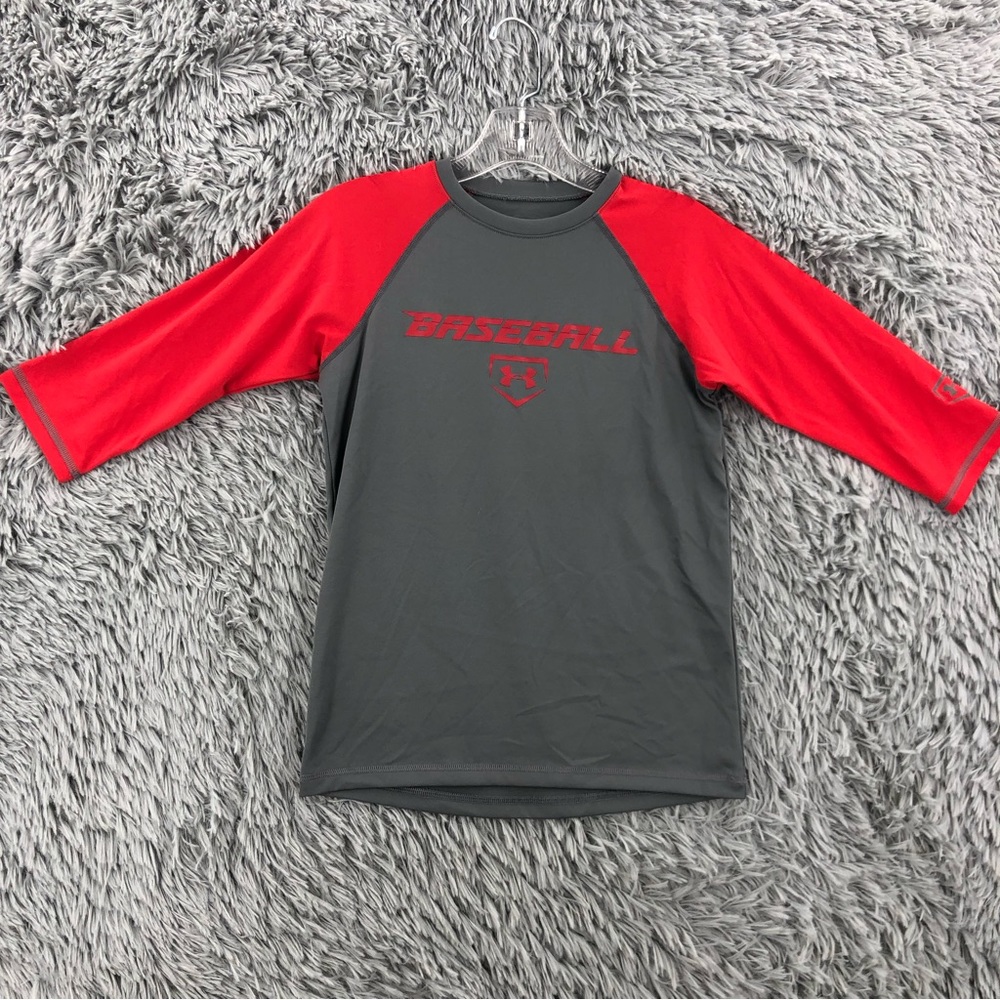 Under Armour UA Shirt Youth Medium Loose Baseball Shirt Gray Red